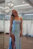 Light Blue Pearls and Satin Ruched Fitted Prom HZ0308