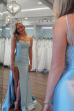Light Blue Pearls and Satin Ruched Fitted Prom HZ0308