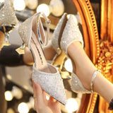 Niulatu Bling Shiny Women Pumps 2025 New Ankle Strap Crystal High Heels Shoes Woman Pointed Toe Thin Heel Wedding Party Shoes DJSE
