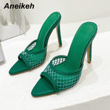 Niulatu Shoes 2025 Mesh Pumps Mules Pointed end Slippers Female High Heel Hollowed out Stiletto Dress Shoes sandalias mujer DJSE