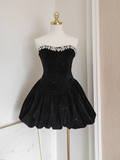 Niulatu A Line Strapless Black Velvet Ruffles Vacation Dresses Short Birthday Outfits SD337