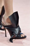 Niulatu Bowtie High Heel Sandals Peep Toe Butterfly-Knot Ruffles High Heels Mules Slip-on Wedding Dress Shoes Big Size 42 DJSE
