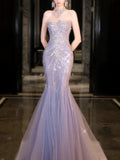 Niulatu Mermaid Off The Shoulder Blue Tulle Silver Beads Long Prom Dresses Formal Evening Dress SD1498