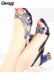 Niulatu Rhinestone Sandals Women Shoes Fish Mouth Diamond Summer Elegant Thick High Heels Female Sandals Medium Heel 33 DJSE