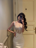 Sexy Sheath Straps White Lace 18th Birthday Dress Long Party Birthday Outfits For Women HZ1214