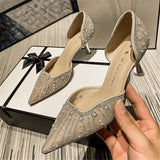 Niulatu Women Two-Piece Shoes Thin High Heels Pointed Toe Pumps Elegant String Bead Crystal Party Ladies Footwear Autumn Apricot DJSE