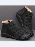 Niulatu New Women's Casual Flat Leather Retro Lace-up Boots Side Zipper Round Toe Shoe Leather Ankle Boots Zapatos Mujer Wram Botas DJSE