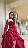 Niulatu High Low Strapless Burgundy Satin Prom Dress Birthday Outfits With Sleeves HZ1110