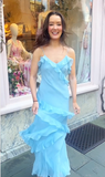 Niulatu Spaghetti Straps Blue Ruffle Chiffon Prom Dress Backless Evening Dress HZ1007