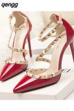 Niulatu with Thin 10CM Heel High Heel Shallow Pointed Head Rivet Hollow Word Belt PUMPS Simple Women's Shoes DJSE