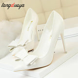 Niulatu Shoes Pink Heels Woman Blue Sweet Bow Women White High Heels Matte Leather Pumps Thin Heel Pointed Ladies high heels DJSE