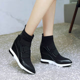 Niulatu leather wedges boots woman pointed toe platform ankle boots hook & loop cross elastic band shoes ladies FT1176 DJSE