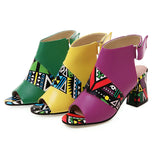 Niulatu Women Stylish Print Sandals Boots Peep Toe Buckle Strap Summer High Heel Gladiator Shoes Woman Yellow Green sandalias mujer 2025 DJSE