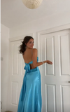 Niulatu A Line Spaghetti Straps 90s Blue Prom Dresses Evening Gowns With Bow HZ1110