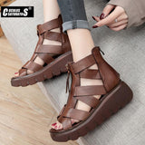 Niulatu Women Summer Sandals Mid Heels Wedges Shoes Ladies Vintage Genuine Leather Sandals DJSE