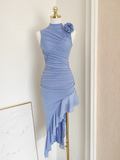 Niulatu Sheath High Neckline Blue Ruffles Vacation Dresses Short Birthday Outfits SD346