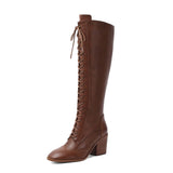 Niulatu Winter Knee High Boots Women Natural Genuine Leather Chunky High Heel Tall Boots Zipper Round Toe Shoes Lady Size DJSE