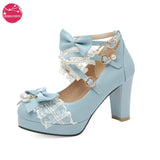 Niulatu Japanese Pearl Bow Jk Sweet Cute Strap Super High Heeled Round Head Student Shoes Kawaii Girl Tea Party Cos Loli Vintage DJSE