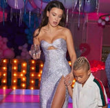 Niulatu Mermaid Strapless Sequin Long Silver Slit Prom Dresses Evening Dress HZ1110