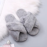 Niulatu Fluffy Slippers Women Cozy Faux Fur Cross Indoor Floor Slides Flat Soft Furry Shoes Ladies Female Celebrities Flip Flops DJSE