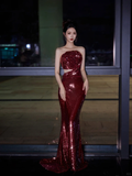 Niulatu Strapless Sequin Rose Flowers Prom Dress Mermaid Long Evening Dress HZ1007