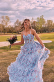Straps Blue Floral Corset A-line Ruffle Prom HZ0308