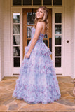 Straps Blue Floral Corset A-line Ruffle Prom HZ0308