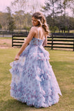 Straps Blue Floral Corset A-line Ruffle Prom HZ0308