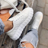 Niulatu Women Autumn Pu Leather Sneakers Sewing Lace-Up Platform Flats Vulcanized Shoes Thick Sole Brief Casual White Black Canvas Shoes DJSE