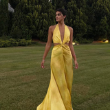 Niulatu A line Halter Neckline Long Yellow Prom Dress Evening Dress Formal Dress SD2161