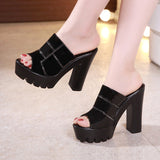 Niulatu 32-43 High Heels Slippers Women Platform Shoes Summer 2025 Block Heel Patent Leather Slides Ladies Slippers for Office DJSE