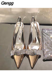 Niulatu Silver Rhinestone Pointed Toe Women's Shoes Back Space High Heels Women's Bow Bow Baotou Women DJSE