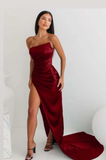 Niulatu Sheath Strapless Neckline Slit Satin Long Party Dress Prom Dresses SD2446