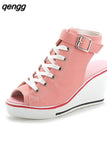Niulatu Women's Height Increasing Platform Canvas Fish Mouth Shoes Open Toe Hollow Canvas Wedge Shoes Zapatos Para Mujer DJSE
