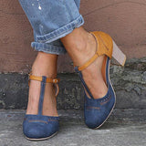 Niulatu Women Vintage Color Block Sandals Casual Chunky Heel Buckle Shoes DJSE