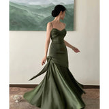 Niulatu Sheath Spaghetti Straps Floor Length Olive Green Long Party Dresses Birthday Outfits SD433