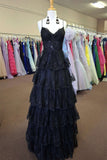 Straps Black Appliques Tulle Ruffle A-line Prom HZ0308