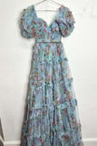 Short Pufff Sleeves Floral Ruffle A-line Prom HZ0308