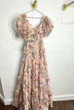 Short Pufff Sleeves Floral Ruffle A-line Prom HZ0308