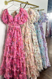 Short Pufff Sleeves Floral Ruffle A-line Prom HZ0308