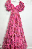 Short Pufff Sleeves Floral Ruffle A-line Prom HZ0308