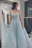 Spaghetti Straps Light Blue Sequin A-line Formal HZ0308