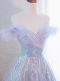 Niulatu Off Shoulder Sequin Tulle Long Prom Dress Purple Formal Evening Dresses HZ1007