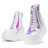 Niulatu Womens Fashion Hot Sale Short Ankle Pink Boots Sweet Cute Platform Wedges Goth Boots Zipper Lace Up Shoes Woman Brand New Casual DJSE