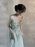 Niulatu A line Spaghetti Straps Floral Green Prom Dresses Birthday Dress For Women SD247