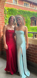 Elegant Blue Satin Mermaid Side Slit Long Evening Prom Dresses Sexy Prom Dress HZ1214