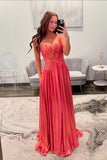 Spaghetti Straps Coral Metallic Twist Long Prom HZ0308