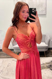 Spaghetti Straps Coral Metallic Twist Long Prom HZ0308