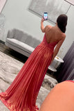 Spaghetti Straps Coral Metallic Twist Long Prom HZ0308