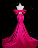 Niulatu Mermaid Off The Shoulder Neckline Satin Pink Long Prom Dresses Party Dress SD1339